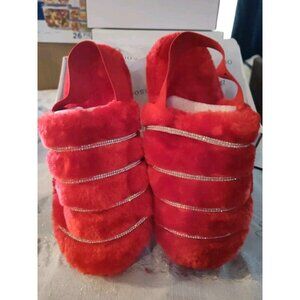 Bamboo Women's Red Fur Rhinestone Slingback‎ Slippers Comfy Warmness Size 6.5